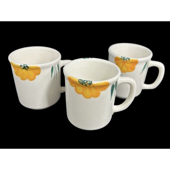 Maxam Mugs Italy 3 X  Hand Painted Daisy Floral Coffee Cup Blue Yellow Vintage - Picture 1 of 7